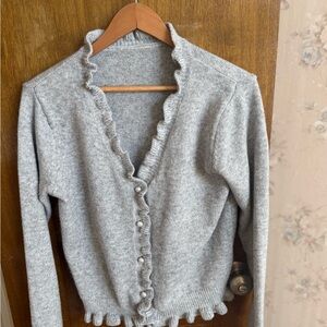 Women's Light Gray Ruffle-Trim Button Cardigan Sweater